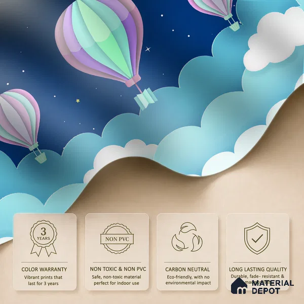 Gentle Night Sky Ride Balloon Above Clouds Scene | WP 04070 Canvas Texture Finish Space Style luxurious Customized size Wallpaper | 250 GSM WP01CNF Paper | (MOQ = 30 Sq. Ft.)
