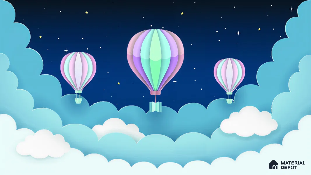 Gentle Night Sky Ride Balloon Above Clouds Scene | WP 04070 Canvas Texture Finish Space Style luxurious Customized size Wallpaper | 250 GSM WP01CNF Paper | (MOQ = 30 Sq. Ft.)