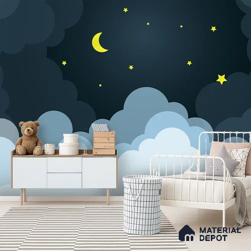 Midnight Calmscape Cartoon Moon And Clouds | WP 04071 Canvas Texture Finish Space Style luxurious Customized size Wallpaper | 250 GSM WP01CNF Paper | (MOQ = 30 Sq. Ft.)