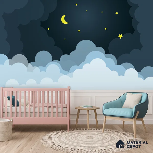 Midnight Calmscape Cartoon Moon And Clouds | WP 04071 Canvas Texture Finish Space Style luxurious Customized size Wallpaper | 250 GSM WP01CNF Paper | (MOQ = 30 Sq. Ft.)