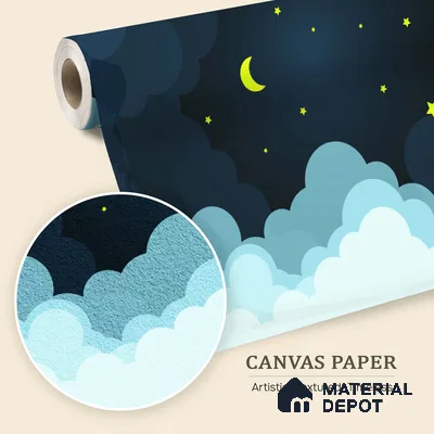 Midnight Calmscape Cartoon Moon And Clouds | WP 04071 Canvas Texture Finish Space Style luxurious Customized size Wallpaper | 250 GSM WP01CNF Paper | (MOQ = 30 Sq. Ft.)