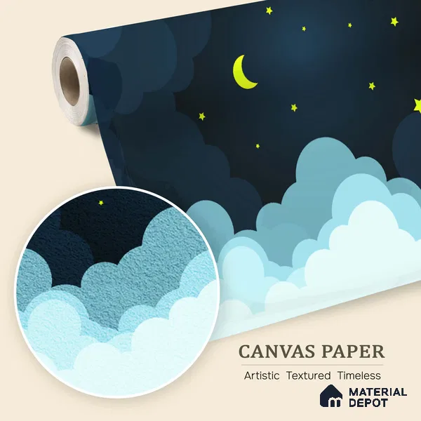 Midnight Calmscape Cartoon Moon And Clouds | WP 04071 Canvas Texture Finish Space Style luxurious Customized size Wallpaper | 250 GSM WP01CNF Paper | (MOQ = 30 Sq. Ft.)