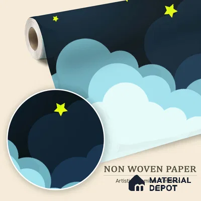 Midnight Calmscape Cartoon Moon And Clouds | WP 04071 B Non Woven Matte Finish Space Style Premium Customized size Wallpaper | 150 GSM WP01MTF Paper | (MOQ = 30 Sq. Ft.)