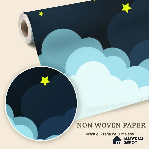 Midnight Calmscape Cartoon Moon And Clouds | WP 04071 B Non Woven Matte Finish Space Style Premium Customized size Wallpaper | 150 GSM WP01MTF Paper | (MOQ = 30 Sq. Ft.)