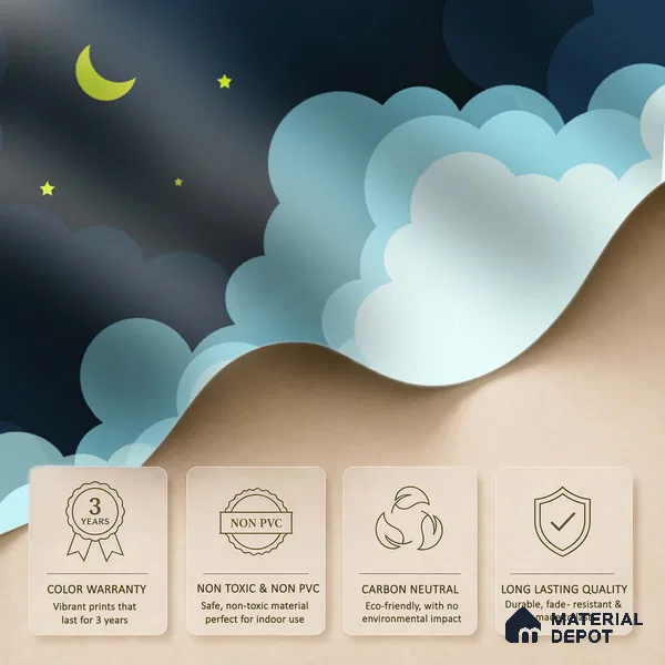 Midnight Calmscape Cartoon Moon And Clouds | WP 04071 B Non Woven Matte Finish Space Style Premium Customized size Wallpaper | 150 GSM WP01MTF Paper | (MOQ = 30 Sq. Ft.)