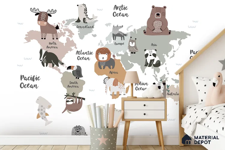 Animal Friends of Every Land Pastel | WP 04073 Canvas Texture Finish Map Style luxurious Customized size Wallpaper | 250 GSM WP01CNF Paper | (MOQ = 30 Sq. Ft.)