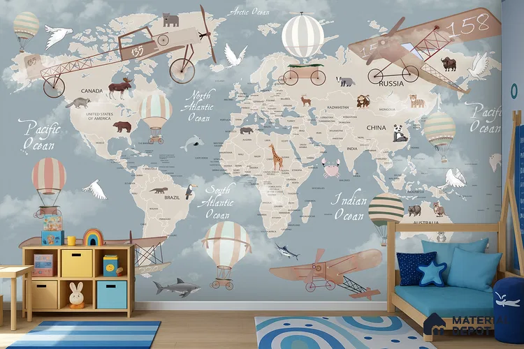 Animals On Journey In The Sky | WP 04074 B Non Woven Matte Finish Map Style Premium Customized size Wallpaper | 150 GSM WP01MTF Paper | (MOQ = 30 Sq. Ft.) | Design change not possible