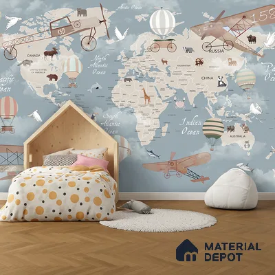 Animals On Journey In The Sky | WP 04074 B Non Woven Matte Finish Map Style Premium Customized size Wallpaper | 150 GSM WP01MTF Paper | (MOQ = 30 Sq. Ft.) | Design change not possible