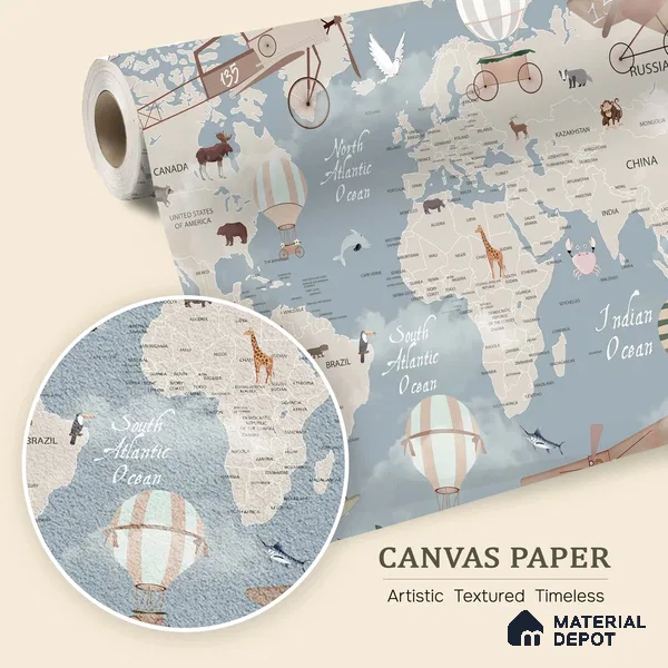 Animals On Journey In The Sky | WP 04074 Canvas Texture Finish Map Style luxurious Customized size Wallpaper | 250 GSM WP01CNF Paper | (MOQ = 30 Sq. Ft.) | Design change not possible