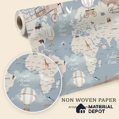 Animals On Journey In The Sky | WP 04074 B Non Woven Matte Finish Map Style Premium Customized size Wallpaper | 150 GSM WP01MTF Paper | (MOQ = 30 Sq. Ft.) | Design change not possible