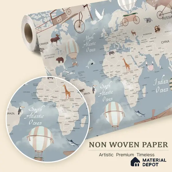 Animals On Journey In The Sky | WP 04074 B Non Woven Matte Finish Map Style Premium Customized size Wallpaper | 150 GSM WP01MTF Paper | (MOQ = 30 Sq. Ft.) | Design change not possible