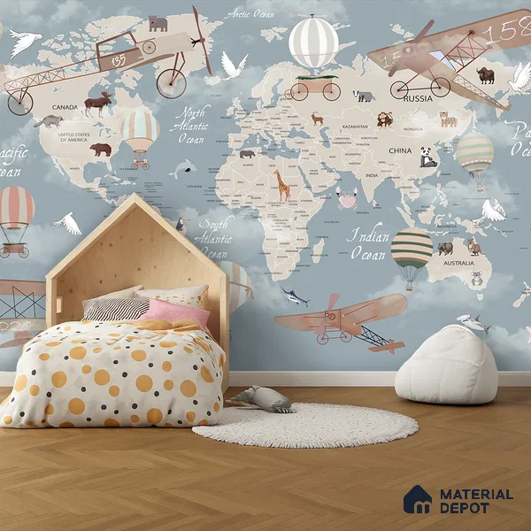 Animals On Journey In The Sky | WP 04074 Canvas Texture Finish Map Style luxurious Customized size Wallpaper | 250 GSM WP01CNF Paper | (MOQ = 30 Sq. Ft.) | Design change not possible