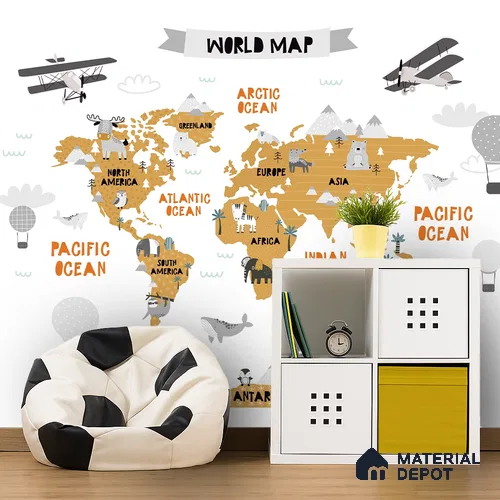 My First World Map World Map With Animals And Planes | WP 04075 Canvas Texture Finish Map Style luxurious Customized size Wallpaper | 250 GSM WP01CNF Paper | (MOQ = 30 Sq. Ft.)