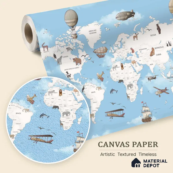 Exploring the World by Air & Sea Animal | WP 04076 Canvas Texture Finish Map Style luxurious Customized size Wallpaper | 250 GSM WP01CNF Paper | (MOQ = 30 Sq. Ft.) | Design change not possible