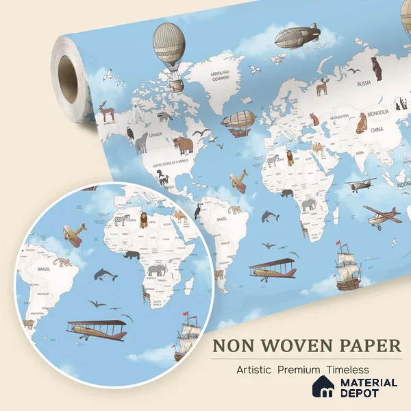Exploring the World by Air & Sea Animal | WP 04076 B Non Woven Matte Finish Map Style Premium Customized size Wallpaper | 150 GSM WP01MTF Paper | (MOQ = 30 Sq. Ft.) | Design change not possible