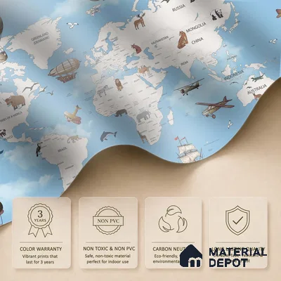 Exploring the World by Air & Sea Animal | WP 04076 Canvas Texture Finish Map Style luxurious Customized size Wallpaper | 250 GSM WP01CNF Paper | (MOQ = 30 Sq. Ft.) | Design change not possible
