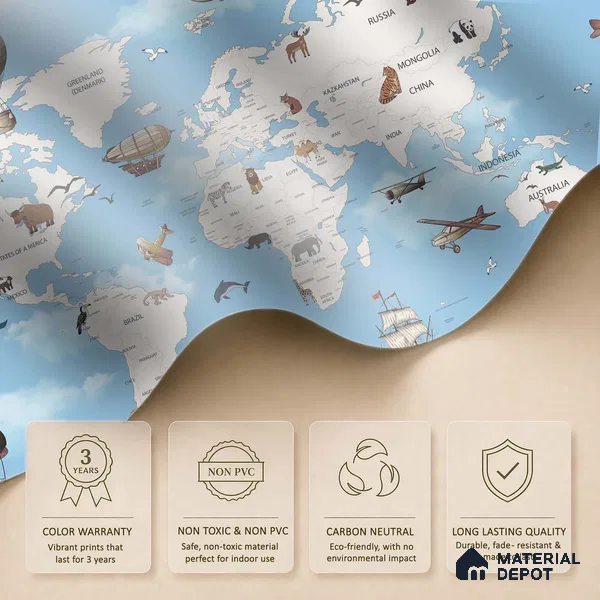 Exploring the World by Air & Sea Animal | WP 04076 Canvas Texture Finish Map Style luxurious Customized size Wallpaper | 250 GSM WP01CNF Paper | (MOQ = 30 Sq. Ft.) | Design change not possible