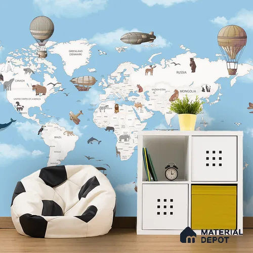 Exploring the World by Air & Sea Animal | WP 04076 Canvas Texture Finish Map Style luxurious Customized size Wallpaper | 250 GSM WP01CNF Paper | (MOQ = 30 Sq. Ft.) | Design change not possible