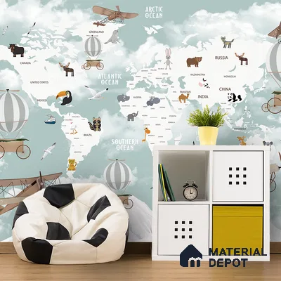 Floating World Explorer Map Animal Safari | WP 04077 B Non Woven Matte Finish Map Style Premium Customized size Wallpaper | 150 GSM WP01MTF Paper | (MOQ = 30 Sq. Ft.) | Design change not possible