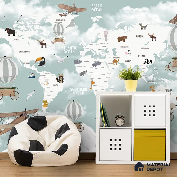 Floating World Explorer Map Animal Safari | WP 04077 B Non Woven Matte Finish Map Style Premium Customized size Wallpaper | 150 GSM WP01MTF Paper | (MOQ = 30 Sq. Ft.) | Design change not possible