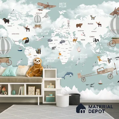 Floating World Explorer Map Animal Safari | WP 04077 B Non Woven Matte Finish Map Style Premium Customized size Wallpaper | 150 GSM WP01MTF Paper | (MOQ = 30 Sq. Ft.) | Design change not possible