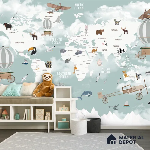 Floating World Explorer Map Animal Safari | WP 04077 B Non Woven Matte Finish Map Style Premium Customized size Wallpaper | 150 GSM WP01MTF Paper | (MOQ = 30 Sq. Ft.) | Design change not possible