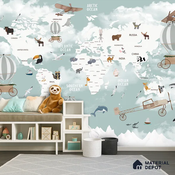 Floating World Explorer Map Animal Safari | WP 04077 B Non Woven Matte Finish Map Style Premium Customized size Wallpaper | 150 GSM WP01MTF Paper | (MOQ = 30 Sq. Ft.) | Design change not possible