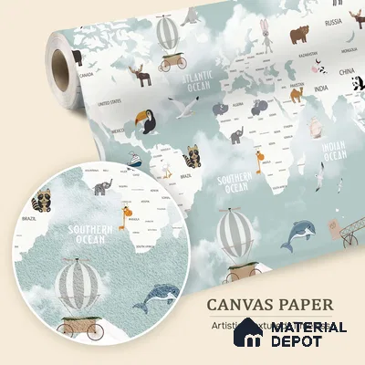 Floating World Explorer Map Animal Safari | WP 04077 Canvas Texture Finish Map Style luxurious Customized size Wallpaper | 250 GSM WP01CNF Paper | (MOQ = 30 Sq. Ft.) | Design change not possible