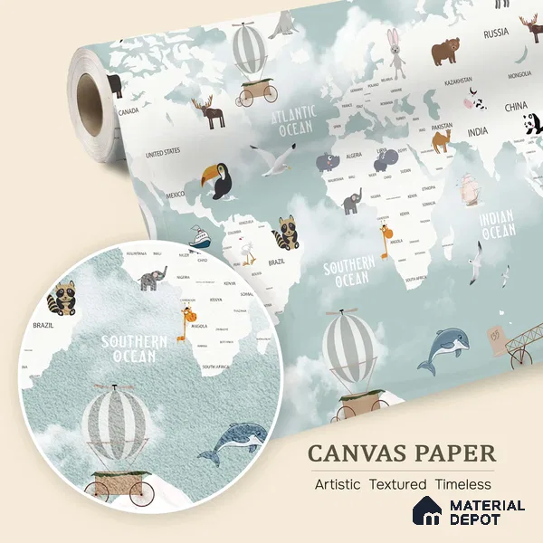Floating World Explorer Map Animal Safari | WP 04077 Canvas Texture Finish Map Style luxurious Customized size Wallpaper | 250 GSM WP01CNF Paper | (MOQ = 30 Sq. Ft.) | Design change not possible