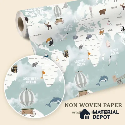 Floating World Explorer Map Animal Safari | WP 04077 B Non Woven Matte Finish Map Style Premium Customized size Wallpaper | 150 GSM WP01MTF Paper | (MOQ = 30 Sq. Ft.) | Design change not possible