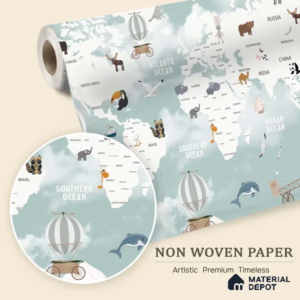 Floating World Explorer Map Animal Safari | WP 04077 B Non Woven Matte Finish Map Style Premium Customized size Wallpaper | 150 GSM WP01MTF Paper | (MOQ = 30 Sq. Ft.) | Design change not possible