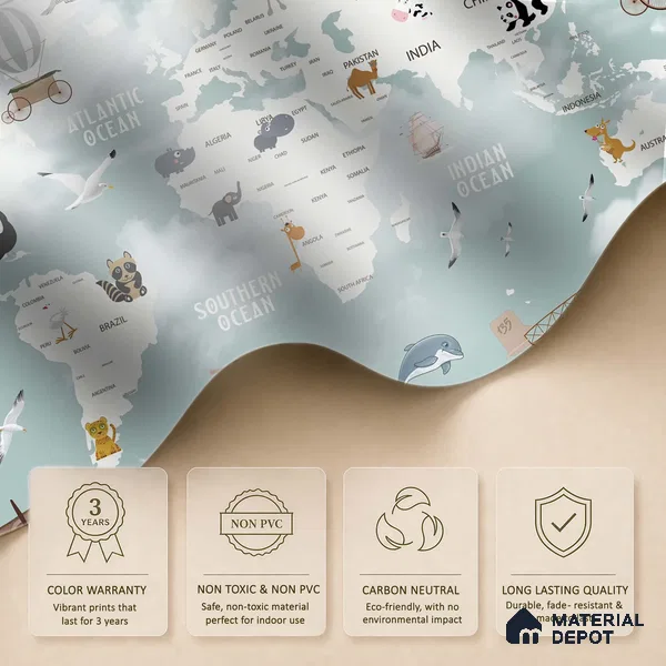 Floating World Explorer Map Animal Safari | WP 04077 Canvas Texture Finish Map Style luxurious Customized size Wallpaper | 250 GSM WP01CNF Paper | (MOQ = 30 Sq. Ft.) | Design change not possible