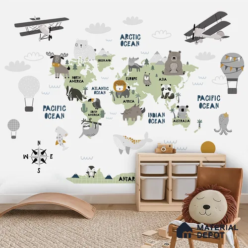 Friendly Animals World Map | WP 04078 B Non Woven Matte Finish Map Style Premium Customized size Wallpaper | 150 GSM WP01MTF Paper | (MOQ = 30 Sq. Ft.)