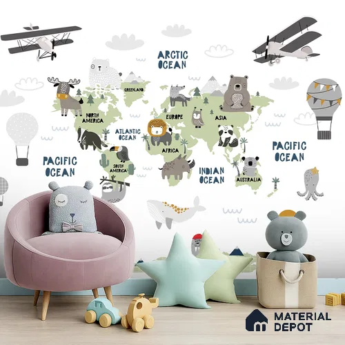 Friendly Animals World Map | WP 04078 Canvas Texture Finish Map Style luxurious Customized size Wallpaper | 250 GSM WP01CNF Paper | (MOQ = 30 Sq. Ft.)