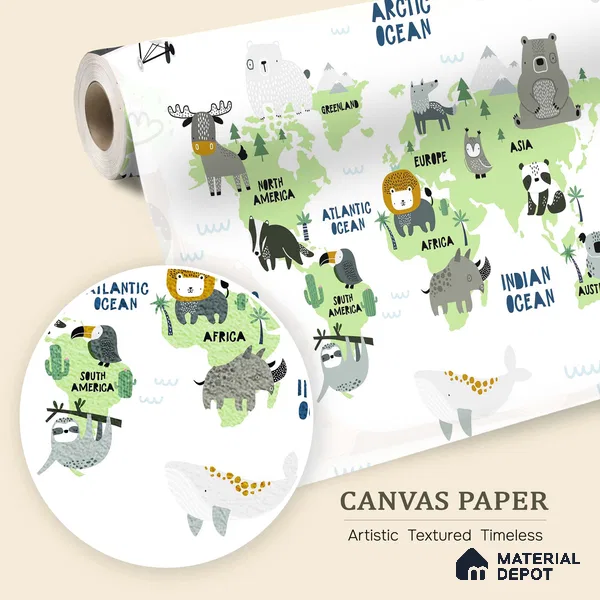 Friendly Animals World Map | WP 04078 Canvas Texture Finish Map Style luxurious Customized size Wallpaper | 250 GSM WP01CNF Paper | (MOQ = 30 Sq. Ft.)