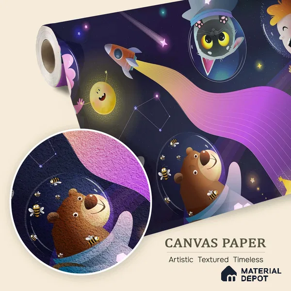 Little Astronauts & Space Friends | WP 04079 Canvas Texture Finish Space Style luxurious Customized size Wallpaper | 250 GSM WP01CNF Paper | (MOQ = 30 Sq. Ft.)