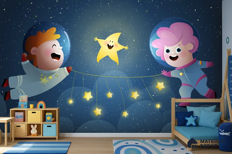 Friends Under the Same Star | WP 04080 Canvas Texture Finish Space Style luxurious Customized size Wallpaper | 250 GSM WP01CNF Paper | (MOQ = 30 Sq. Ft.)