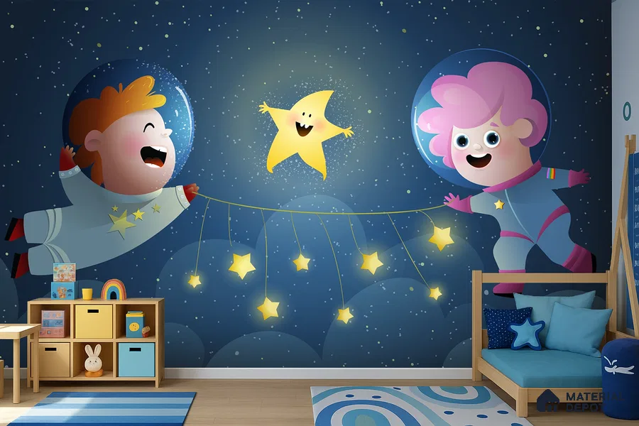 Friends Under the Same Star | WP 04080 Canvas Texture Finish Space Style luxurious Customized size Wallpaper | 250 GSM WP01CNF Paper | (MOQ = 30 Sq. Ft.)