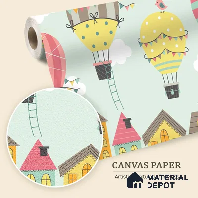 Floating Joy Street Hot Air Balloon Over The House | WP 04084 Canvas Texture Finish Abstract Style luxurious Customized size Wallpaper | 250 GSM WP01CNF Paper | (MOQ = 30 Sq. Ft.)