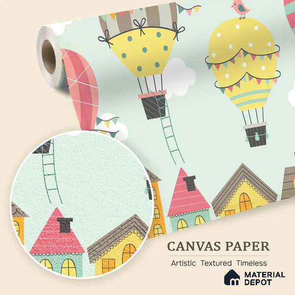 Floating Joy Street Hot Air Balloon Over The House | WP 04084 Canvas Texture Finish Abstract Style luxurious Customized size Wallpaper | 250 GSM WP01CNF Paper | (MOQ = 30 Sq. Ft.)