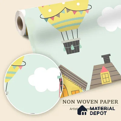 Floating Joy Street Hot Air Balloon Over The House | WP 04084 B Non Woven Matte Finish Abstract Style Premium Customized size Wallpaper | 150 GSM WP01MTF Paper | (MOQ = 30 Sq. Ft.)