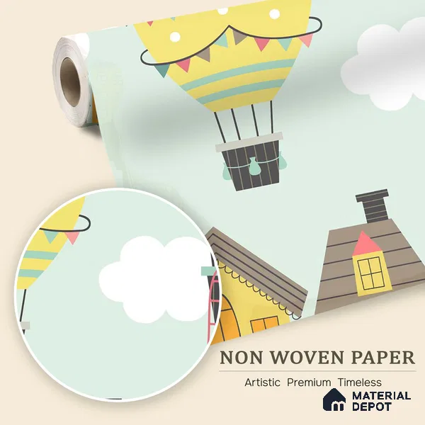 Floating Joy Street Hot Air Balloon Over The House | WP 04084 B Non Woven Matte Finish Abstract Style Premium Customized size Wallpaper | 150 GSM WP01MTF Paper | (MOQ = 30 Sq. Ft.)
