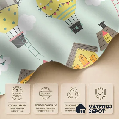 Floating Joy Street Hot Air Balloon Over The House | WP 04084 Canvas Texture Finish Abstract Style luxurious Customized size Wallpaper | 250 GSM WP01CNF Paper | (MOQ = 30 Sq. Ft.)