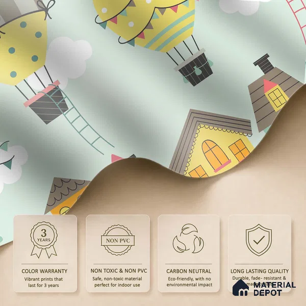 Floating Joy Street Hot Air Balloon Over The House | WP 04084 Canvas Texture Finish Abstract Style luxurious Customized size Wallpaper | 250 GSM WP01CNF Paper | (MOQ = 30 Sq. Ft.)