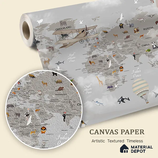 Wonders of a Wandering World Map Design | WP 04086 Canvas Texture Finish Map Style luxurious Customized size Wallpaper | 250 GSM WP01CNF Paper | (MOQ = 30 Sq. Ft.)
