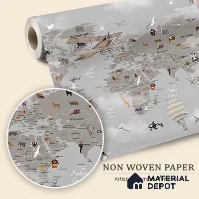 Wonders of a Wandering World Map Design | WP 04086 B Non Woven Matte Finish Map Style Premium Customized size Wallpaper | 150 GSM WP01MTF Paper | (MOQ = 30 Sq. Ft.)