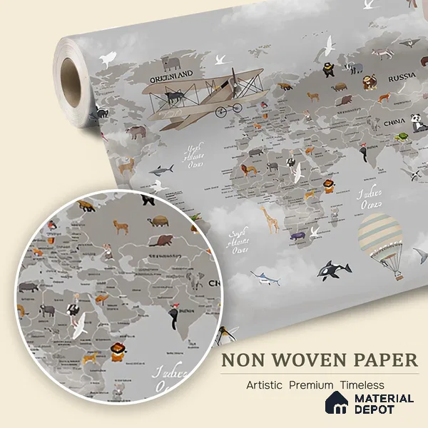 Wonders of a Wandering World Map Design | WP 04086 B Non Woven Matte Finish Map Style Premium Customized size Wallpaper | 150 GSM WP01MTF Paper | (MOQ = 30 Sq. Ft.)