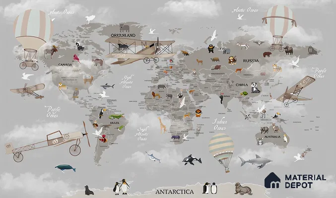 Wonders of a Wandering World Map Design | WP 04086 Canvas Texture Finish Map Style luxurious Customized size Wallpaper | 250 GSM WP01CNF Paper | (MOQ = 30 Sq. Ft.)