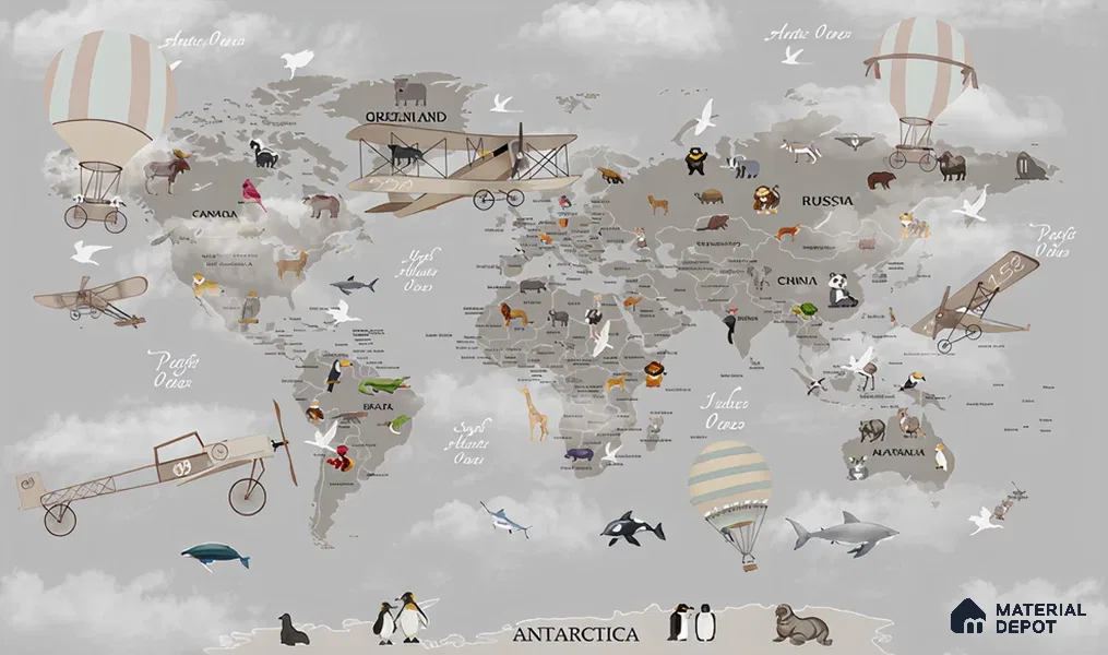 Wonders of a Wandering World Map Design | WP 04086 Canvas Texture Finish Map Style luxurious Customized size Wallpaper | 250 GSM WP01CNF Paper | (MOQ = 30 Sq. Ft.)