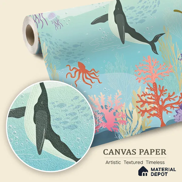 Little Secrets of the Sea Whale And The Aquatic Nature | WP 04087 Canvas Texture Finish Nature Style luxurious Customized size Wallpaper | 250 GSM WP01CNF Paper | (MOQ = 30 Sq. Ft.)